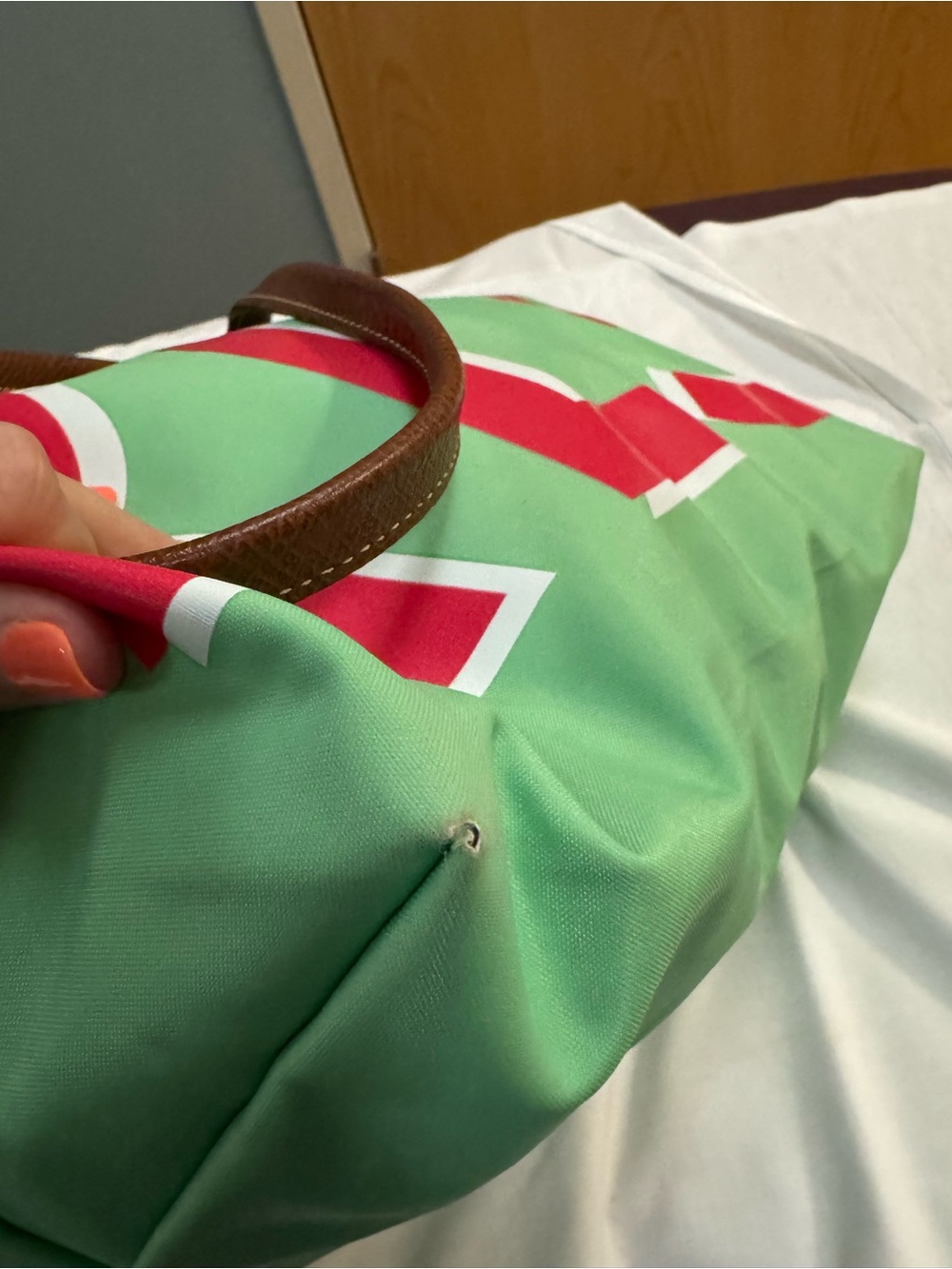 Longchamp Green Tote with Pink Lettering and Brown Trim - Picture 5 of 14